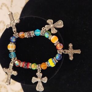 Colorful Beaded Bracelet with Cross Charms